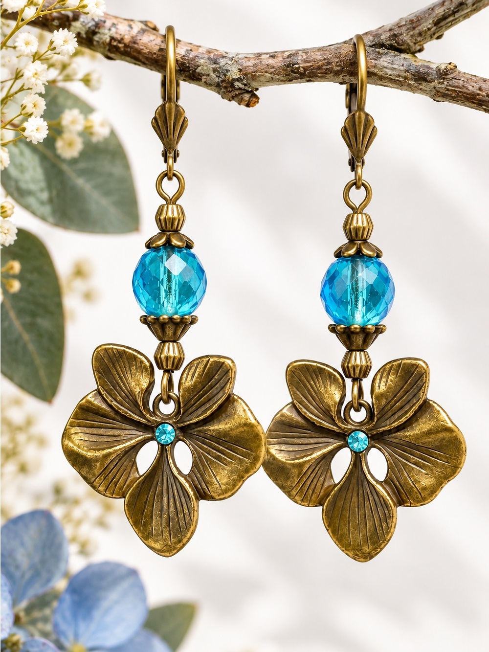 Handmade Blue Czech Glass Faceted Bead, Antique Brass Pansy Earrings